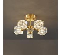 Mid Century Modern Semi Flush Mount Ceiling Light, Modern Brass Sputnik Chandelier Ceiling Light Fixture, Brushed Gold Crystal Close to Ceiling Lamp for Living Room Bedroom Kitchen Farmhouse, JYLSSK