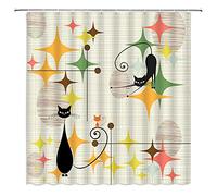 Mid Century Modern Shower Curtain Black Cat Starbursts Atomic Stars Abstract Iconic Retro Pattern Kitty Animal 1950s 1960s Vintage Creative Geometric Fabric Bathroom Decor Curtain with Hooks