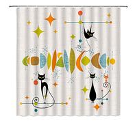 Mid Century Modern Shower Curtain Black Cat Starbursts Atomic Stars Abstract Iconic Retro Pattern Kitty Animal 1950s 1960s Vintage Creative Geometric Fabric Bathroom Decor Curtain with Hooks