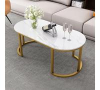Mid-Century Modern Slate Coffee Table, Oval Table with Gold Metal Frame, Stylish Center Table for Living Room, Bedroom, Home Office (120x60x45cm)