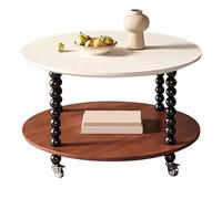 Mid Century Modern Solid Wood Coffee Table with Wheels - 2-Tier Round Tea Table for Living Room & Office, Stylish White & Brown Storage, 70x70x48cm