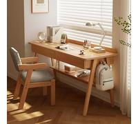 Mid-Century Modern Solid Wood Desk with Drawers Home Office Computer Desk Small Space Storage Shelf & Hooks Stylish Workstation for Compact Areas