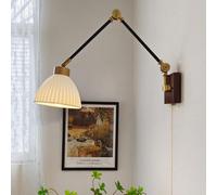 Mid Century Modern Swing Arm Wall Sconce Milk Glass Wall Light Reading Light with Pull Chain Black Gold Vintage Industrial Wall Mounted Lamp for Bedroom Living Room Office Hardwired