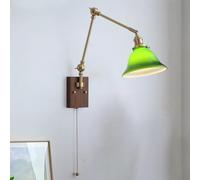 Mid Century Modern Swing Arm Wall Sconce Milk Green Glass Wall Mounted Brass Adjustable Long Arm Reading Light Pull Chain Farmhouse Wall Light Fixture For Bedroom Headboard Bedside Living Room
