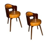 Mid Century Modern Swivel Chair Set 2 Upholstered Kitchen Chairs with Armrests Easy Clean Faux Leather Cushions Vintage Solid Wood Legs Yellow 360° Rotating