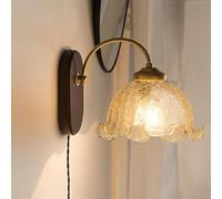 Mid Century Modern Wall Sconce Plug in Vintage Milk Glass Flower Mounted Light Gooseneck Antique Gold Wood Rustic Wall Lamp for Farmhouse Bedroom Kids Bedside Headboard