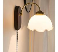 Mid Century Modern Wall Sconce Plug in Vintage Milk Glass Flower Mounted Light Gooseneck Antique Gold Wood Rustic Wall Lamp for Farmhouse Bedroom Kids Bedside Headboard