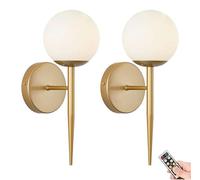 Mid-Century Modern Wireless Wall Light - Battery Operated Gold & White Globe Sconce with Remote Control for Bedroom Bathroom Living Room Hallway & Stairs - Stylish Versatile Lighting Fixture