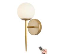 Mid-Century Modern Wireless Wall Light - Gold & White Globe Sconce Remote Control Battery Operated Lamp for Bedroom Bathroom Living Room Hallway & Staircase Decor