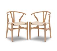 Mid-Century Modern Y Chair Set of 2 - Solid Wood Wishbone Dining Chairs with Hemp Seat - Ash & Walnut Armrest Design - Elegant Home Furniture