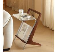 Mid Century Modern Z Shape Solid Oak Wood Side Table - Glass Top End Table for Living Room & Bedroom Cherry Finish Small Coffee Table