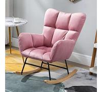 Mid Century Pink Fabric Recliner Rocking Chair with Wood Legs Stylish and Comfortable Armchair for Living Room or Nursery Tall Back Design for Ultimate Comfort.