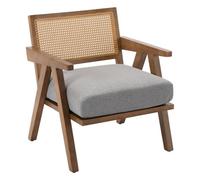 Mid-Century Rattan Back Accent Armchair, Single Lounge Chair With Solid Rubberwood Legs, Linen, Gray