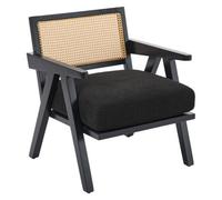 Mid-Century Rattan Back Accent Armchair, Single Lounge Chair With Solid Rubberwood Legs, Teddy Fleece, Black
