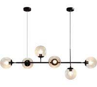 Mid-Century Rectangle Light Fixture 6-Light Glass Globe Linear Chandelier Vintage Black Linear Pendant Light Fixture Adjustable Kitchen Island Lighting,Black+Amber