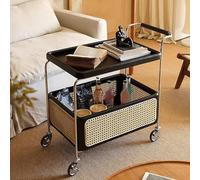 Mid Century Solid Wood Side Table with Wicker Storage Basket and Swivel Casters, Multi-Layer Mobile Cart for Living Room, Kitchen, Bedroom, 28in