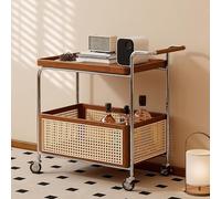 Mid Century Solid Wood Side Table with Wicker Storage Basket and Swivel Casters, Multi-Layer Mobile Cart for Living Room, Kitchen, Bedroom, 28in