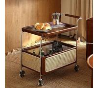 Mid Century Solid Wood Side Table with Wicker Storage Basket and Swivel Casters, Multi-Layer Mobile Cart for Living Room, Kitchen, Bedroom, 28in
