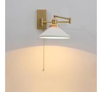 Mid Century Swing Arm Wall Sconce with White Milk Glass Gold Wall Mounted Reading Light with Pull Chain Antique Gold Farmhouse Lamp for Bedroom Bedside Living Room Headboard