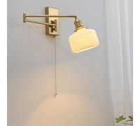 Mid Century Swing Arm Wall Sconce with White Milk Glass Gold Wall Mounted Reading Light with Pull Chain Antique Gold Farmhouse Lamp for Bedroom Bedside Living Room Headboard