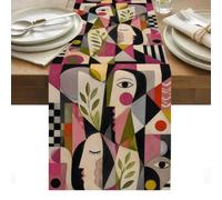 Mid Century Table Runner 13 x 120 Inch, Abstract Overlapping Face Silhouettes Botanical Leaf Washable Cotton Linen Dining Table Runner Tabletop Decorations for Restaurant Home Kitchen Party