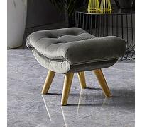 Mid-Century Tufted Velvet Ottoman - Curved Foot Stool with Wooden Legs, Soft Padded Vanity Bench for Living Room & Bedroom - Stylish Green & Grey Options (60x35x30cm)