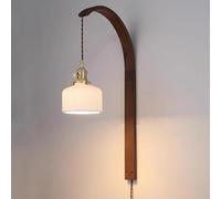 Mid Century Wall Sconce Plug in Wood Farmhouse Mount Light Fixture White Ceramics Glass Rustic Wall Lamp Nordic Vintage Hanging Lighting for Bedroom Living Room Bedside
