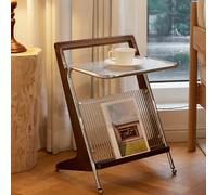 Mid-Century Z-Shaped Solid Wood Side Table with Glass Top, Multifunctional Nightstand and Magazine Rack for Living Room, Bedroom or Study