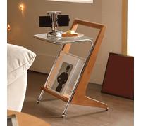 Mid-Century Z-Shaped Solid Wood Side Table with Glass Top, Multifunctional Nightstand and Magazine Rack for Living Room, Bedroom or Study