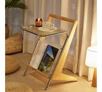 Mid-Century Z-Shaped Solid Wood Side Table with Glass Top, Multifunctional Nightstand and Magazine Rack for Living Room, Bedroom or Study