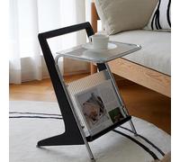 Mid-Century Z-Shaped Solid Wood Side Table with Glass Top, Multifunctional Nightstand and Magazine Rack for Living Room, Bedroom or Study