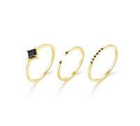 Mid Finger Rings for Women, Stackable Rings Gold 3Pcs Set with Black Square Shape Agate 14K Yellow Gold Size N 1/2
