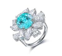 Mid Finger Rings for Women Sterling Silver, Statement Rings Silver Flower with 9.79Ct Created paraiba Tourmaline Size H 1/2