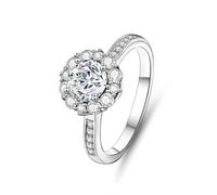 Mid Finger Rings, Western Ring Halo Flower with 1ct Round Moissanite 9K White Gold Size N 1/2