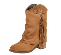 Mid Heel Boots for Women, Suede Fold Over Boots for Women Fringe Tassel Block Heel Slouchy Boho Mid Calf Ankle Boot Western Cowboy Comfortable Chunky Heel Retro Tassels Dress Booties Brown