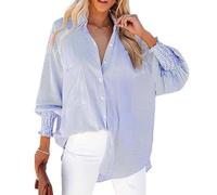 Mid-Length Shirt with Striped Lapel and Oversized Drawdown Sleeves,Striped Button Down Shirt Women,Loose Fit Puff V Neck Stripes Button up Blouses for Women (Blue,L)