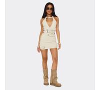 Mid Rise Belt Detail Mini Bodycon Skirt In Stone Woven, Women's Size UK 10