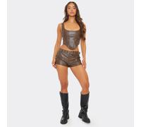 Mid Rise Belted Lace Up Side Seam Detail Shorts In Brown Faux Leather, Women's Size UK 8