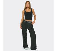 Mid Rise Contrast Ego Graphic Waistband Pleated Wide Leg Trousers In Black, Women's Size UK 6