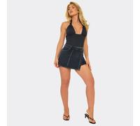 Mid Rise Contrast Stitch Detail Skort In Black Denim, Women's Size UK Large L