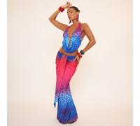 Mid Rise Drape Detail Maxi Skirt In Blue And Pink Leopard Print, Women's Size UK 10