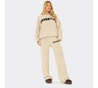 Mid Rise Fluffy Essential Logo Detail Wide Leg Trousers In Stone Knit, Women's Size UK Small S