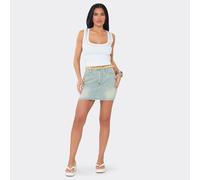 Mid Rise Frayed Waistband Detail Mini Skirt In Light Washed Blue Denim, Women's Size UK 14