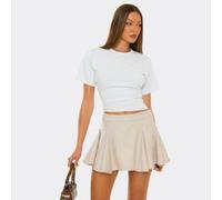 Mid Rise Frill Hem Detail Wool Look Mini Skirt In Stone, Women's Size UK 14