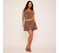 Mid Rise Frill Side Eyelet Lace Up Detail Mini Skirt In Brown, Women's Size UK 10
