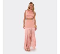 Mid Rise Fringed Hem Maxi Skirt In Peach., Women's Size UK 6