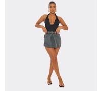 Mid Rise Gold Belt Detail Pleated Mini Skort In Washed Black Denim, Women's Size UK Medium M