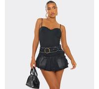 Mid Rise Gold Belt Detail Pleated Skort In Washed Black Denim, Women's Size UK Small S