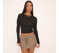 Mid Rise Lace Up Front Mini Skirt In Stone Washed, Women's Size UK 6