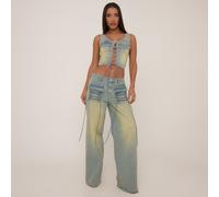 Mid Rise Lace Up Front Wide Leg Jeans In Light Blue Vintage Wash Denim, Women's Size UK 14